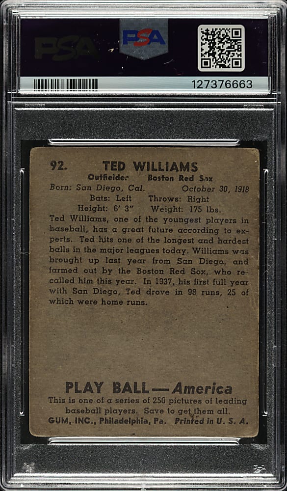 1939 R334 Play Ball #92 Ted Williams Rookie PSA FAIR 1.5 (MK)