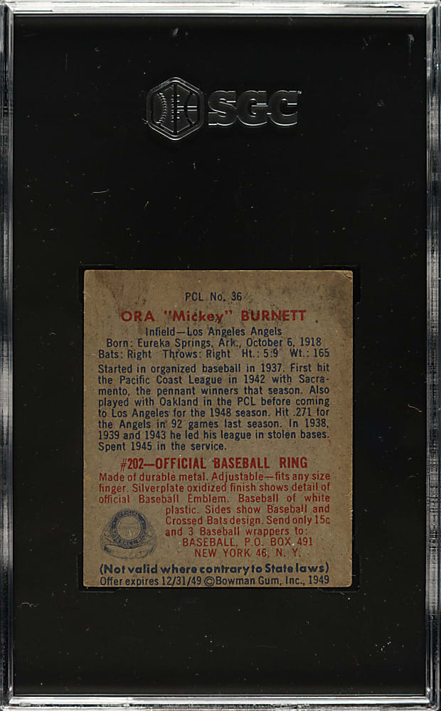 1949 Bowman PCL #36 Ora Burnett SGC Authentic