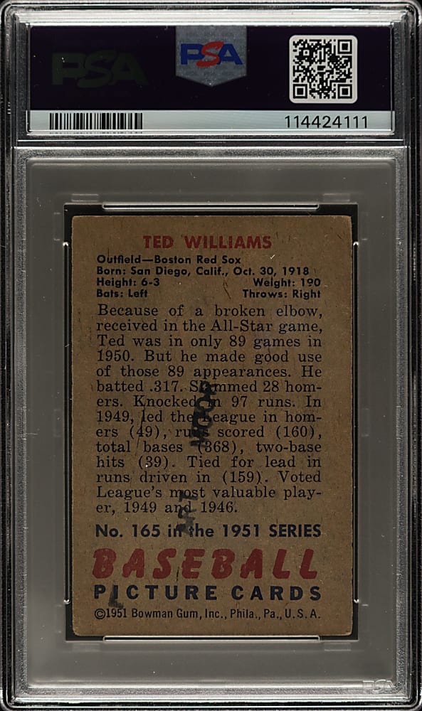 1951 Bowman #165 Ted Williams PSA VG 3 (MK)
