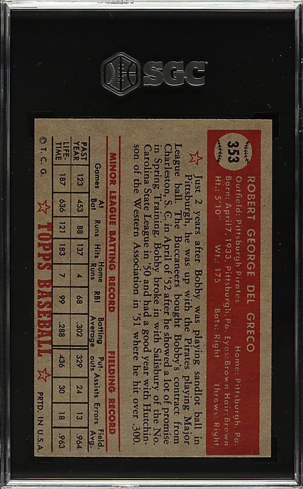 1952 Topps #353 Bob Del Greco High Number SGC VG+ 3.5