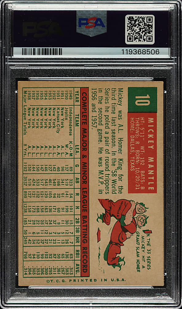 1959 Topps #10 Mickey Mantle PSA VG+ 3.5
