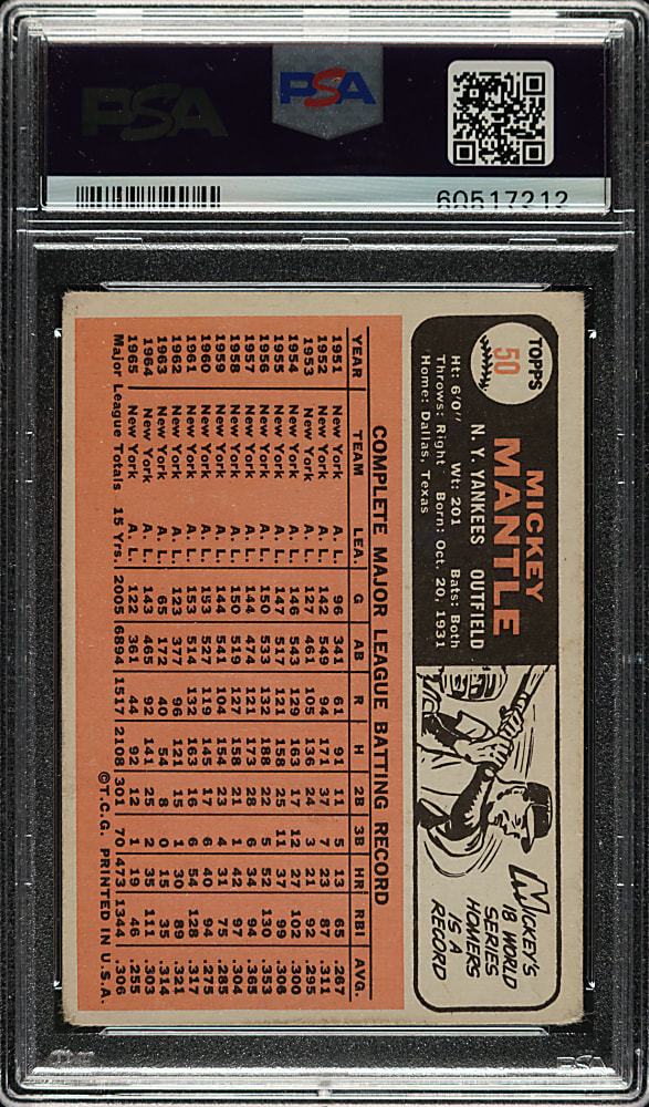 1966 Topps #50 Mickey Mantle PSA VG 3