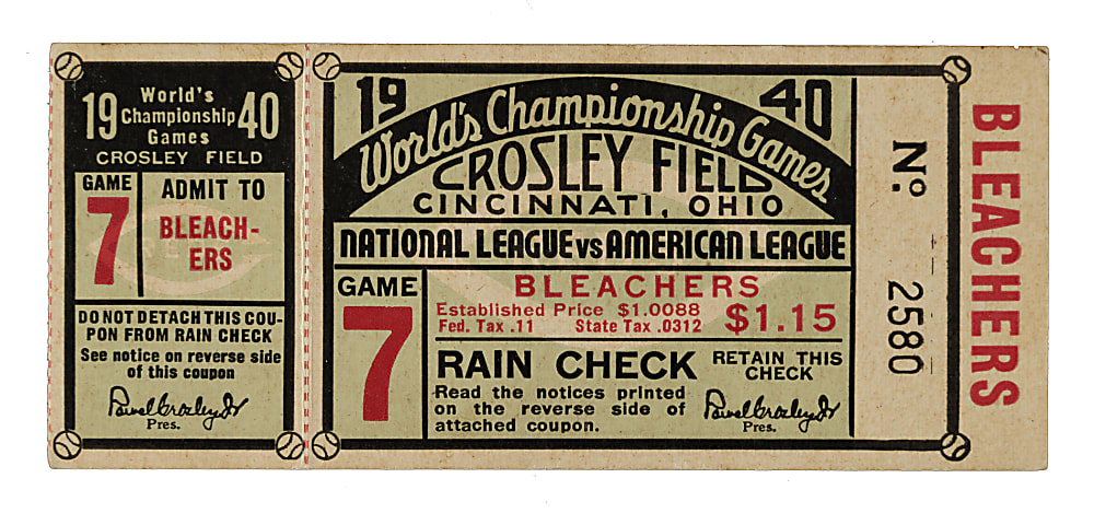 1940 Cincinnati Reds (vs. Detroit Tigers) World Series Game 7 Ticket Stub