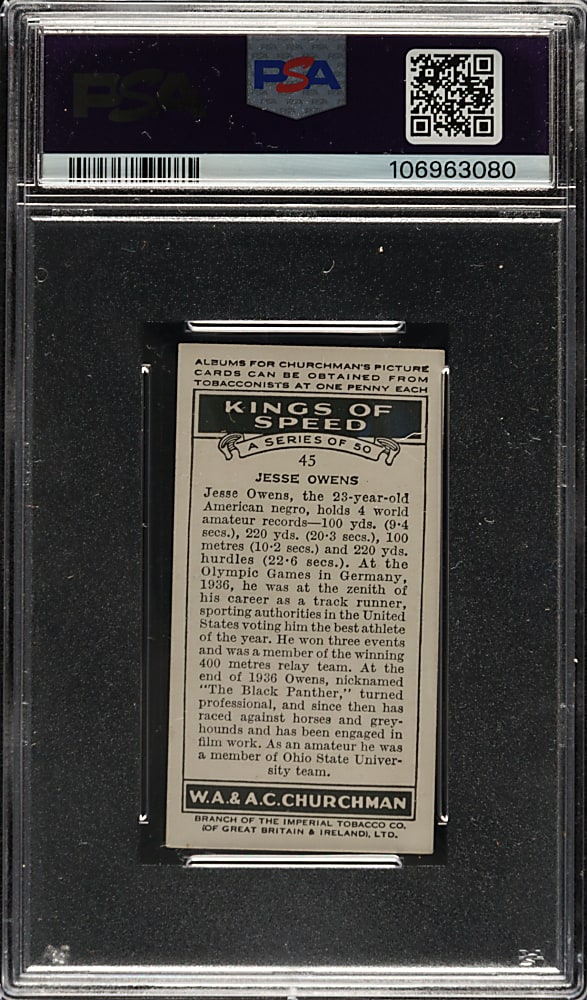 1939 W. A. & A. C. Churchman "Kings of Speed" #45 Jesse Owens PSA EX 5