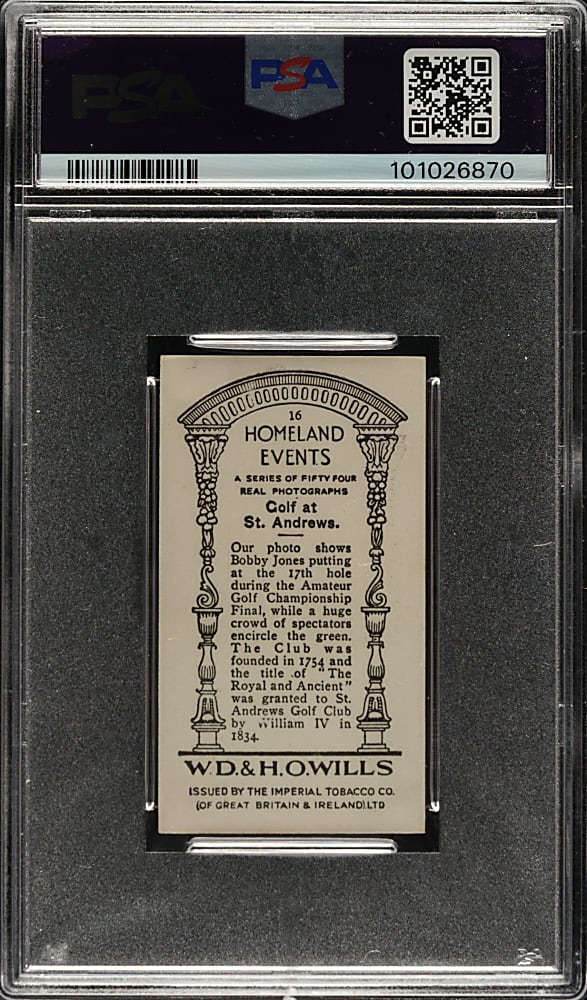 1932 W. D. & H. O. Wills Homeland Events #16 Golf at St. Andrews Featuring Bobby Jones PSA EX-MT 6