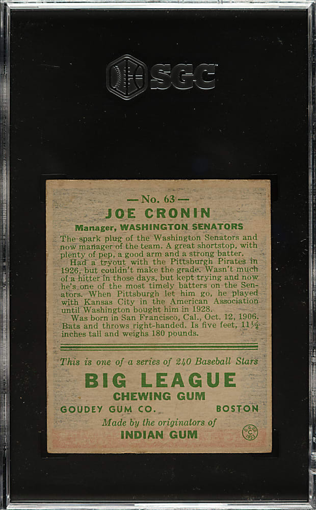 1933 R319 Goudey #63 Joe Cronin SGC EX/NM 6