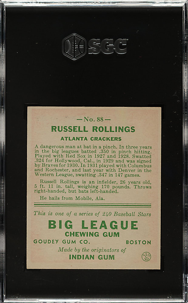 1933 R319 Goudey #88 Russell Rollings SGC EX/NM 6