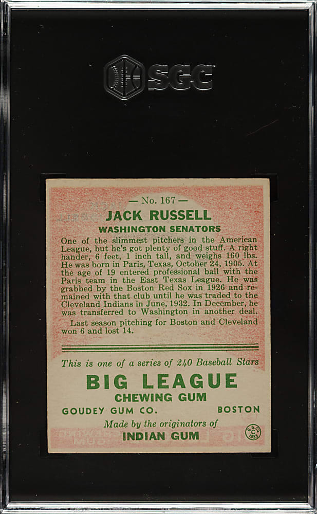 1933 R319 Goudey #167 Jack Russell SGC EX/NM 6