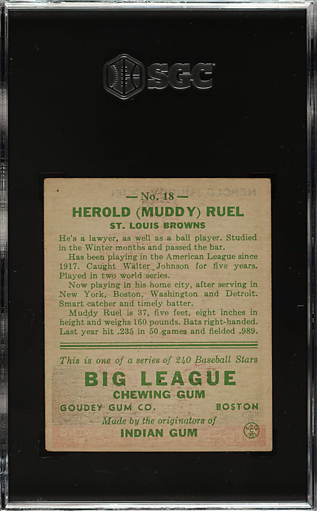 1933 R319 Goudey #18 Muddy Ruel SGC EX+ 5.5