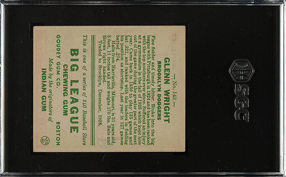 1933 R319 Goudey #143 Glenn Wright SGC EX+ 5.5