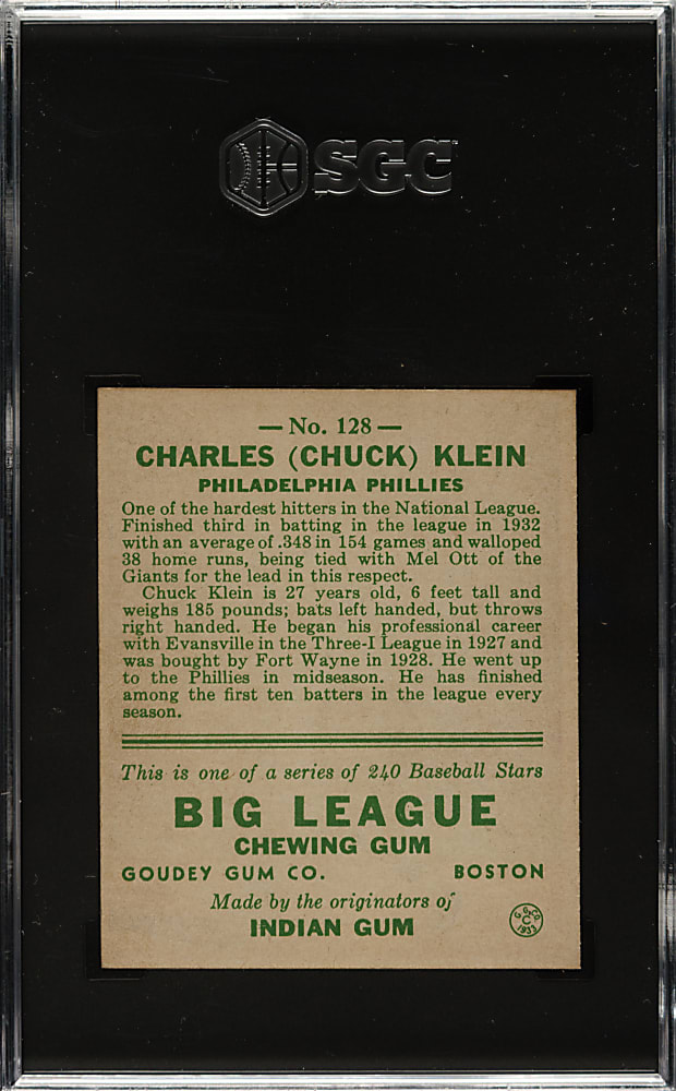 1933 R319 Goudey #128 Chuck Klein SGC EX 5