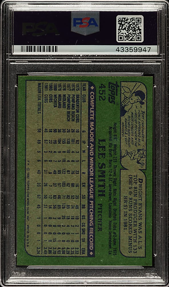 Signed 1982 Topps #452 Lee Smith Rookie PSA MINT 9