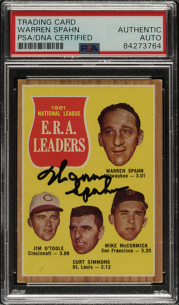 Signed 1962 Topps #56 ERA Leaders with Warren Spahn - PSA/DNA