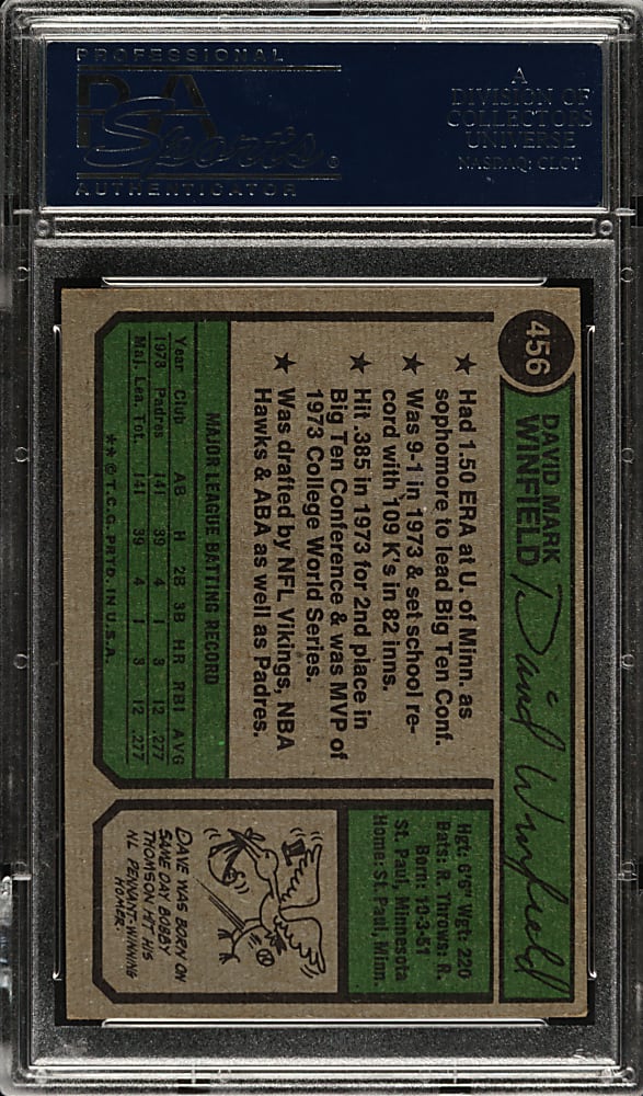 Signed 1974 Topps #456 Dave Winfield Rookie PSA/DNA GEM MINT 10