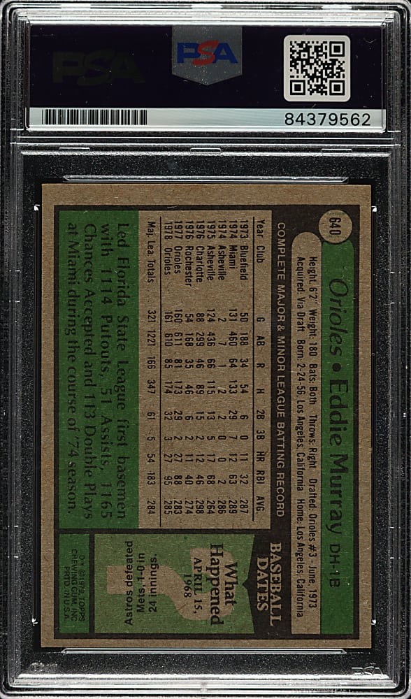 Signed 1979 Topps #640 Eddie Murray - PSA/DNA