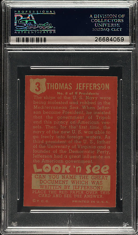 1952 Topps "Look 'n See" #3 Thomas Jefferson PSA NM-MT 8