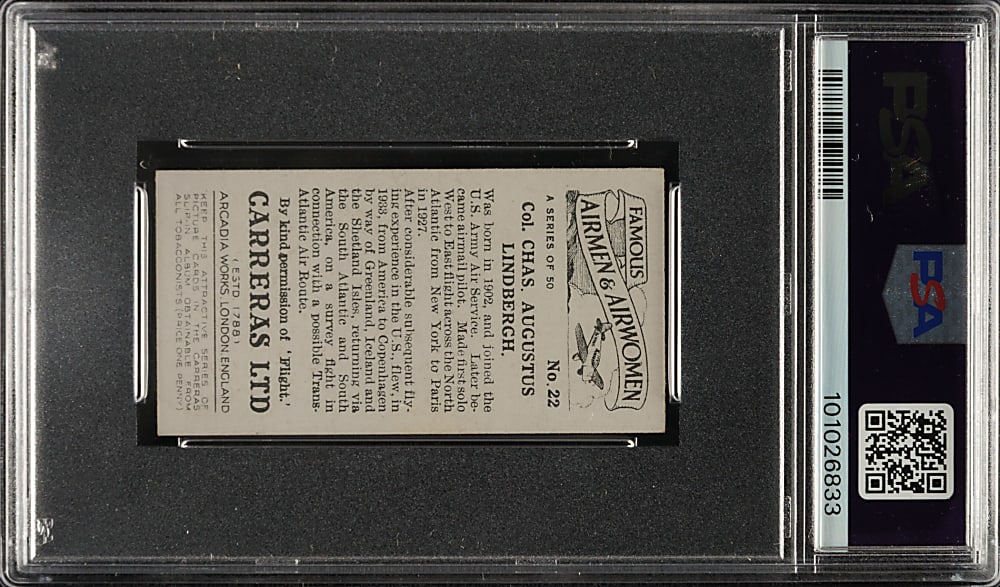 1936 Carrerras Ltd. "Famous Airmen & Airwomen" #22 Charles Lindbergh PSA EX-MT 6