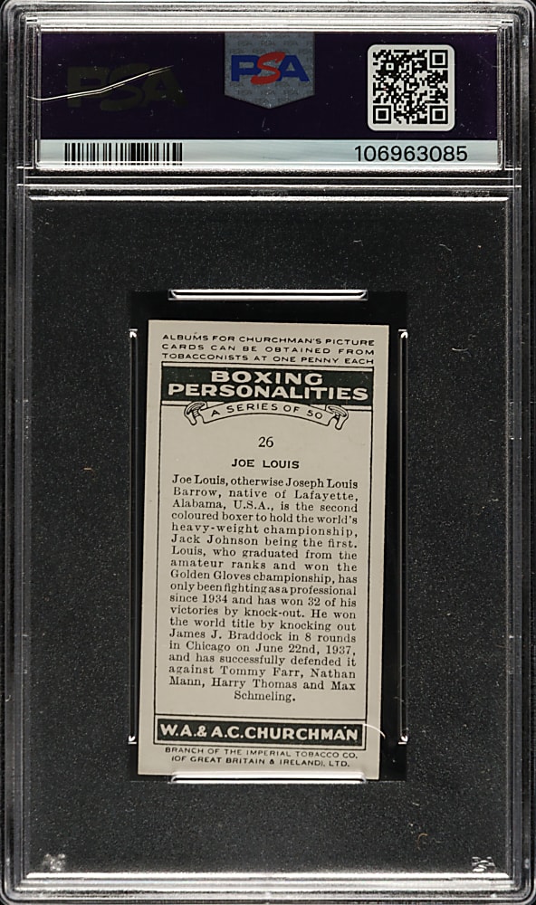 1938 W. A. & A. C. Churchman "Boxing Personalities" #26 Joe Louis PSA NM 7