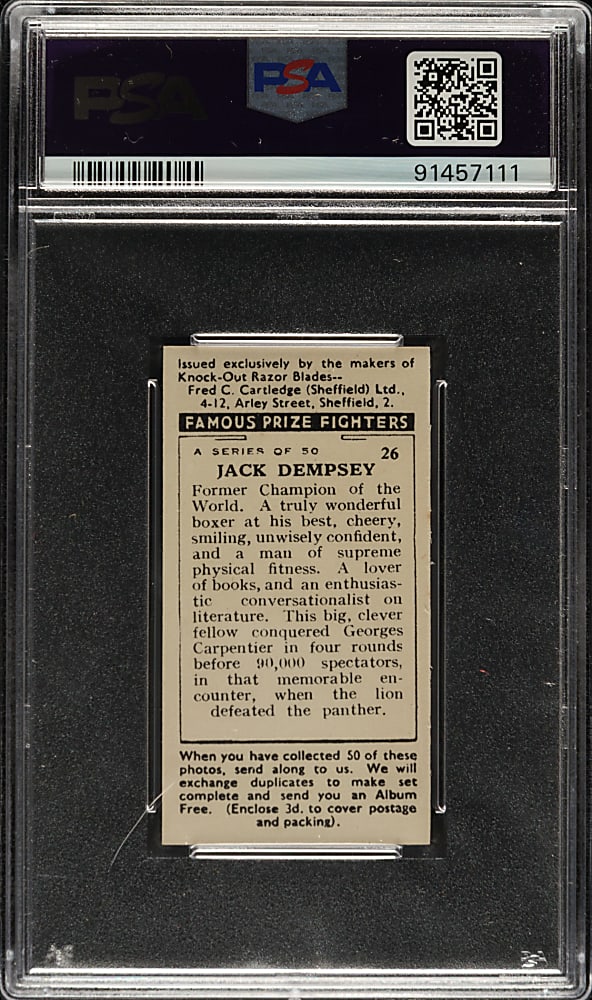 1938 F.C. Cartledge "Famous Prize Fighters" #26 Jack Dempsey PSA NM-MT 8