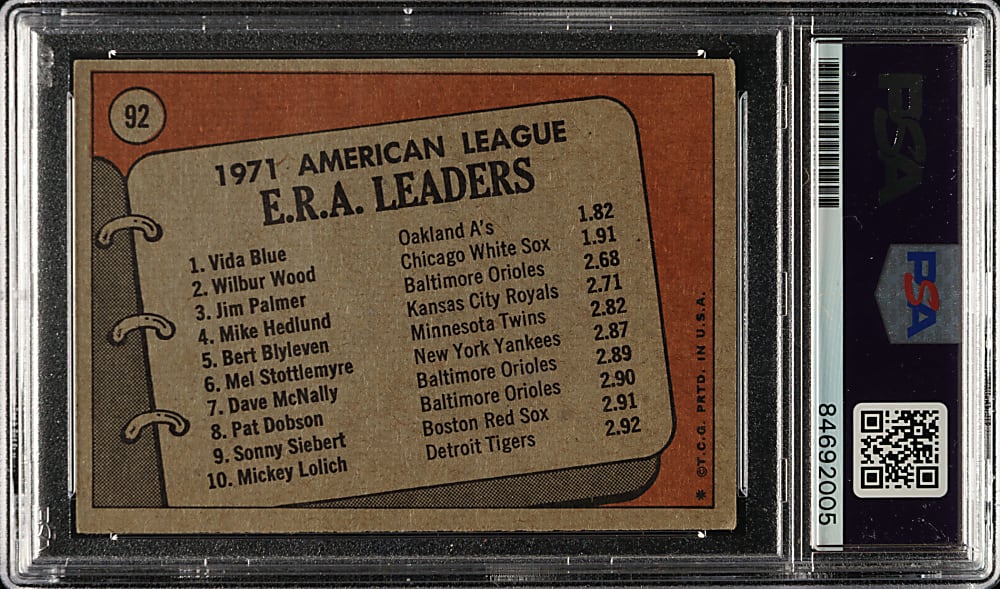 Signed 1972 Topps #92 AL ERA Leaders with Jim Palmer, Wilbur Wood and Vida Blue - PSA/DNA