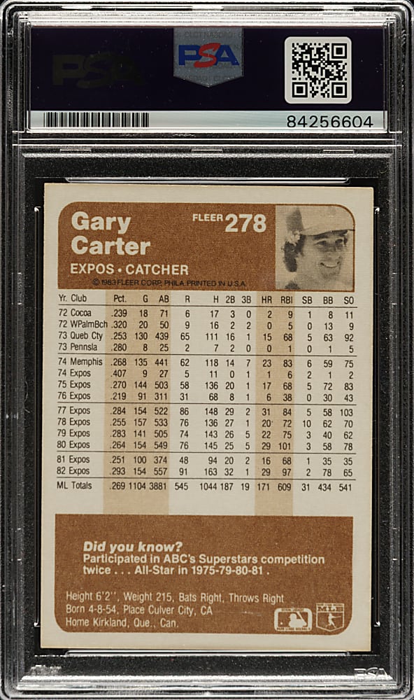 Signed 1983 Fleer #278 Gary Carter - PSA/DNA