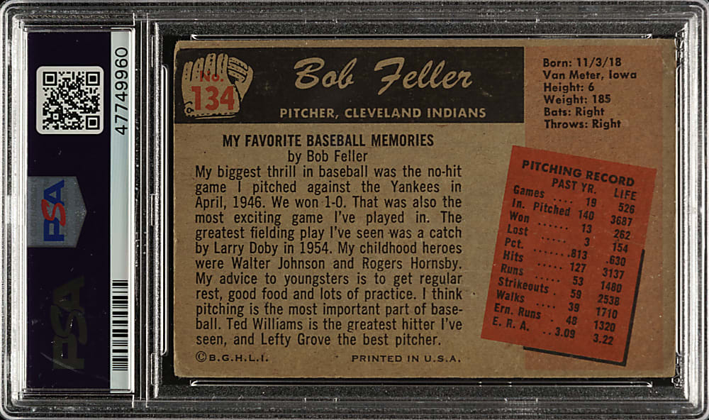 Signed 1955 Bowman #134 Bob Feller - PSA/DNA