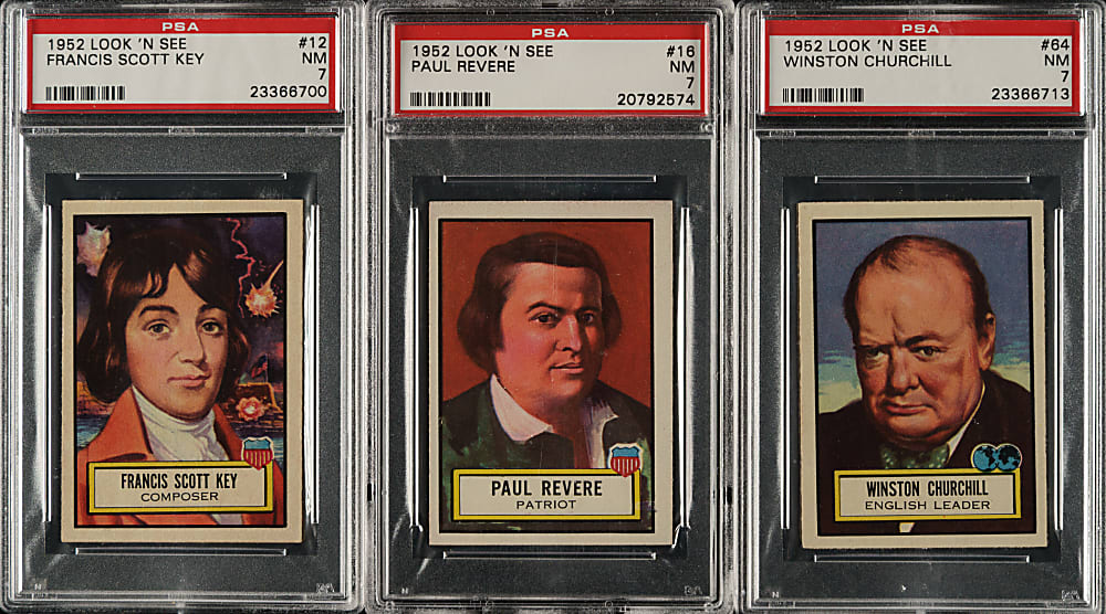 1952 Topps "Look 'n See" PSA NM 7 Trio: Francis Scott Key, Paul Revere and Winston Churchill