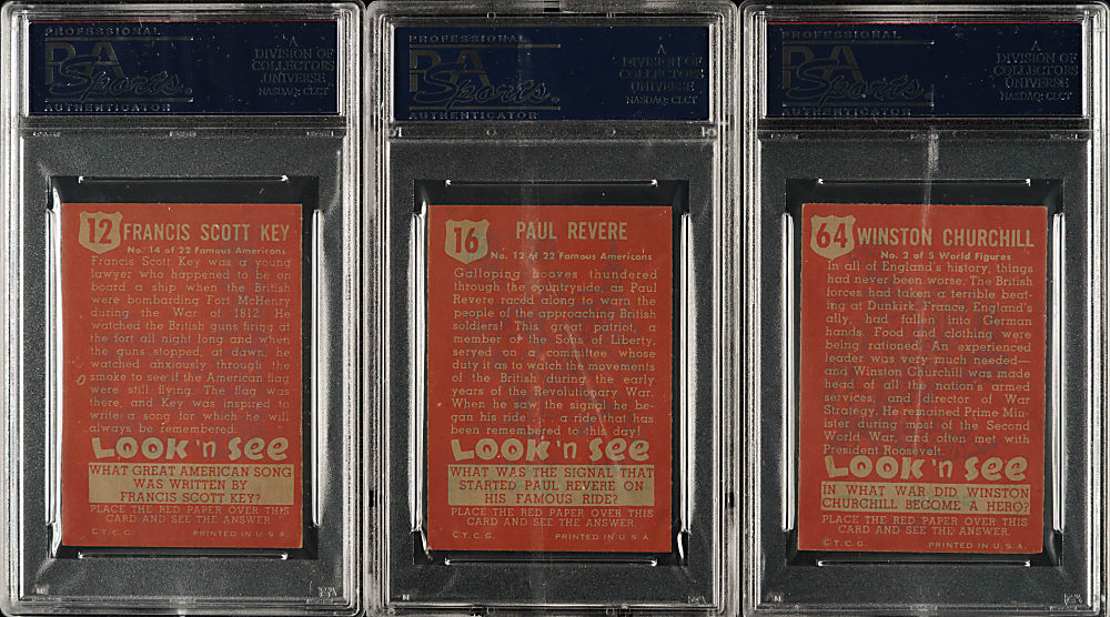 1952 Topps "Look 'n See" PSA NM 7 Trio: Francis Scott Key, Paul Revere and Winston Churchill
