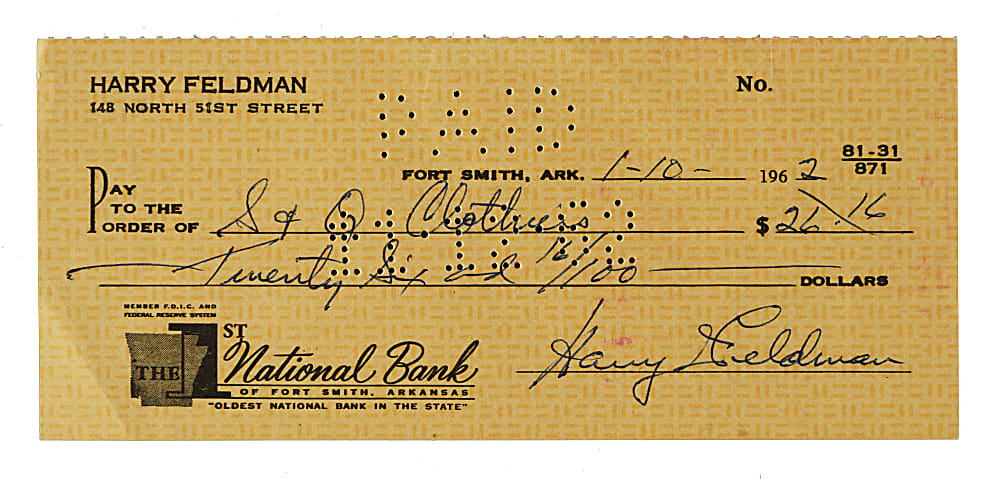1962 Harry Feldman Signed Check
