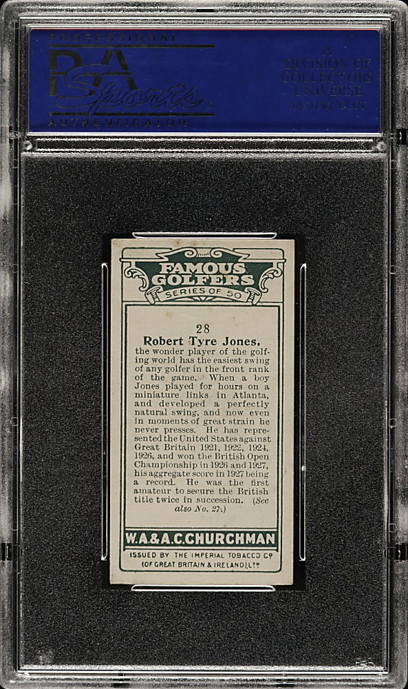 1927 W. A. & A. C. Churchman "Famous Golfers" (Small) #28 Bobby Jones PSA EX-MT 6
