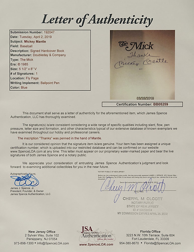 Mickey Mantle Signed "The Mick" Book - JSA