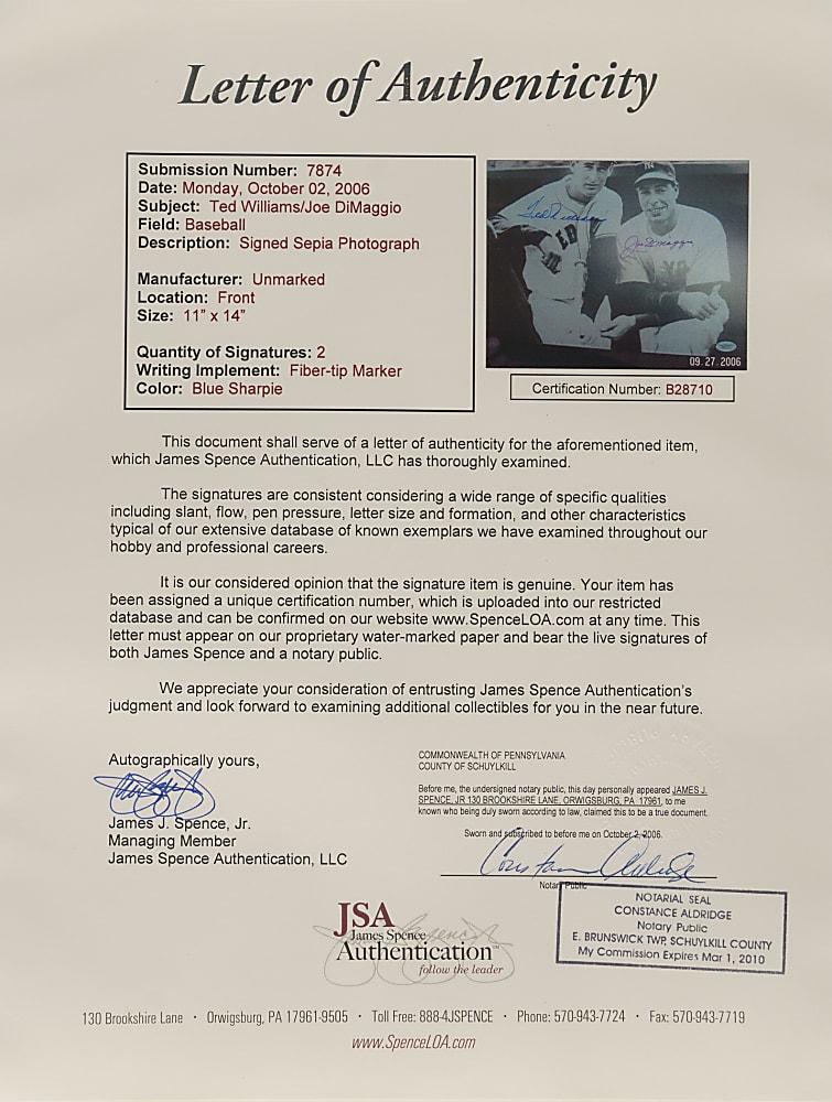 Ted Williams and Joe DiMaggio Signed Photograph - JSA