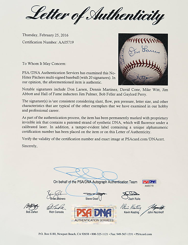 No-Hitters Pitchers Multi-Signed Baseball (20 Signatures) with Bob Feller and Gaylord Perry - PSA/DNA