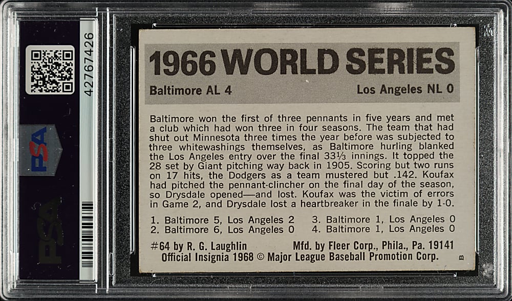 Signed 1971 Fleer World Series #64 Orioles vs. Dodgers with Sandy Koufax - PSA/DNA