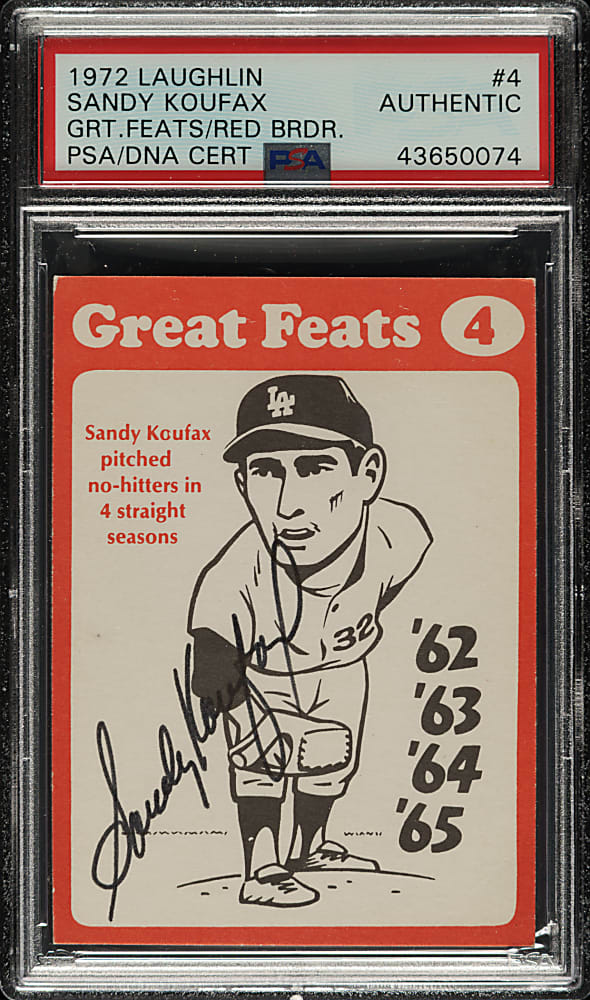 Signed 1972 Laughlin Great Feats #4 Sandy Koufax Red Border - PSA/DNA