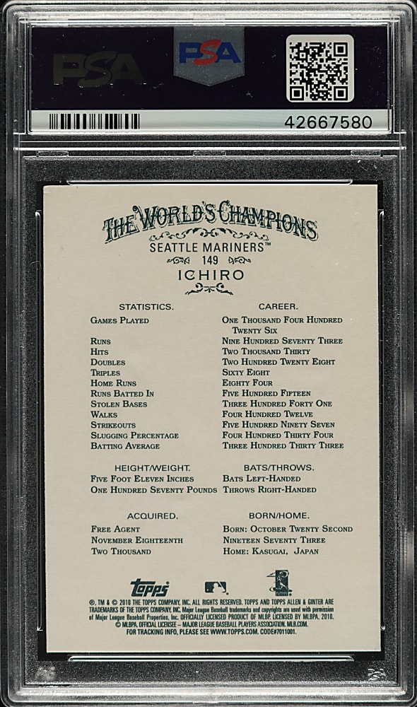 Signed 2010 Topps Allen & Ginter #149 Ichiro Suzuki - PSA/DNA