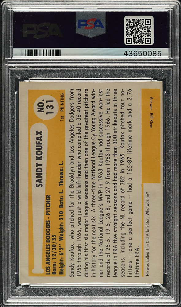 Signed 1980 TCMA "Baseball Immortals" #131 Sandy Koufax - PSA/DNA