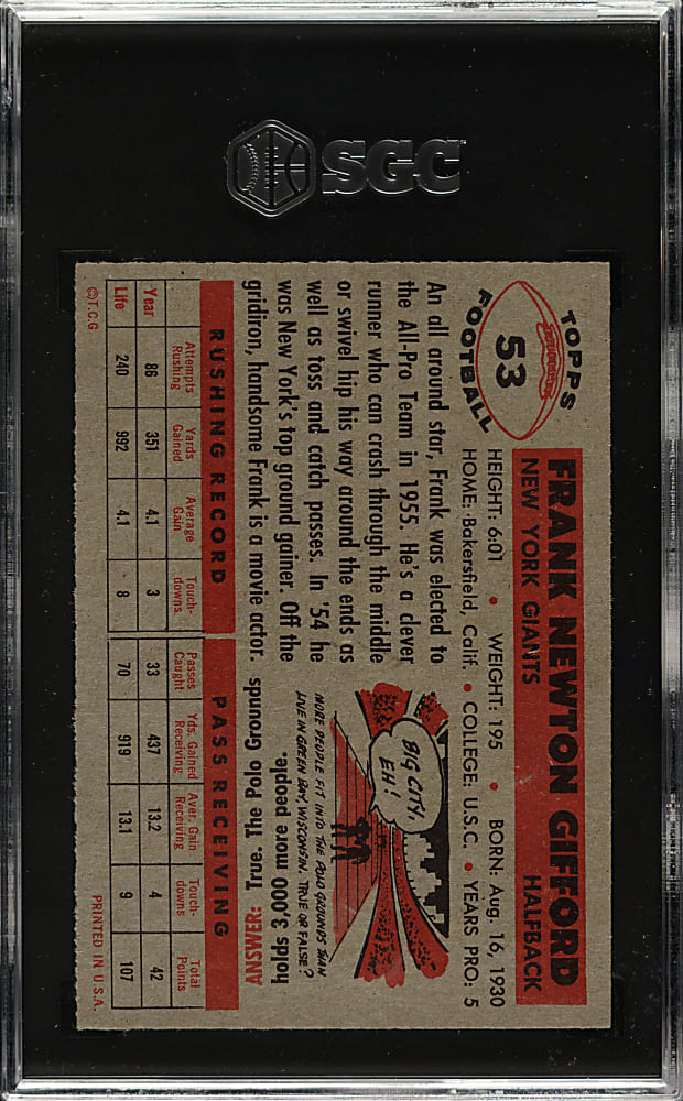 1956 Topps Football #53 Frank Gifford SGC EX/NM 6