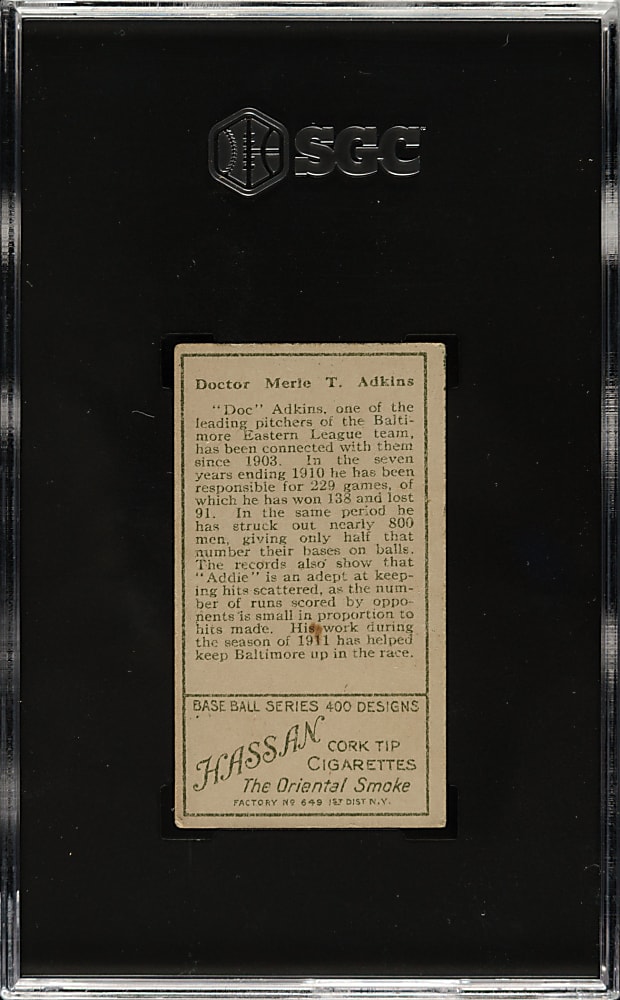 1911 T205 Gold Border Doc Adkins Minor Leaguer SGC VG 3