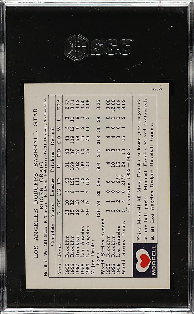 1960 Morrell Meats Dodgers Roger Craig SGC NM 7