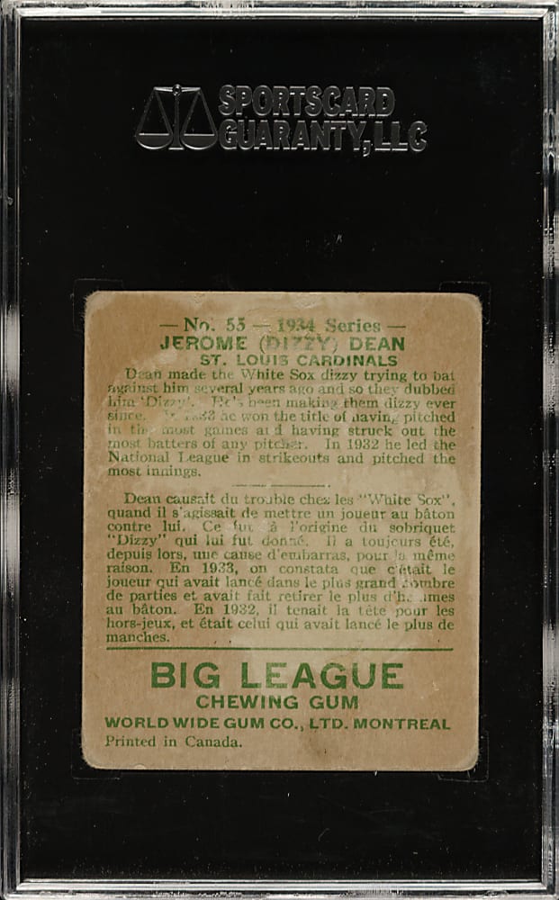 1934 V354 World Wide Gum Canadian Goudey #55 Dizzy Dean SGC FAIR 20