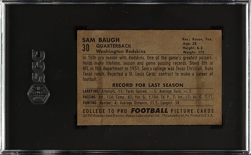 1952 Bowman Small Football #30 Sammy Baugh SGC VG/EX+ 4.5