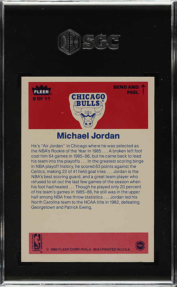 1986-1987 Fleer Basketball Sticker #8 Michael Jordan Rookie SGC NM 7