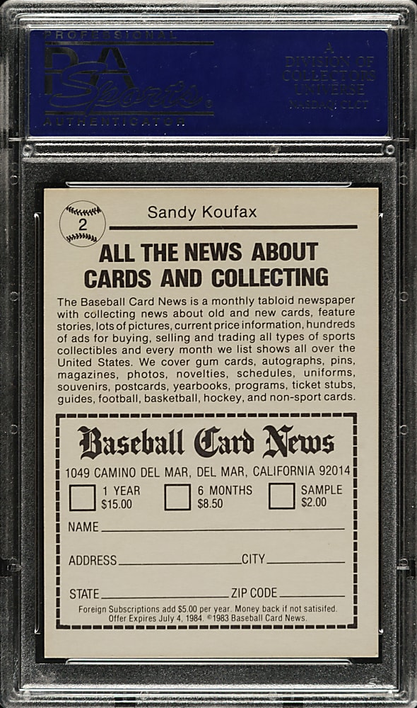 Signed 1983 Baseball Card News #2 Sandy Koufax - PSA/DNA