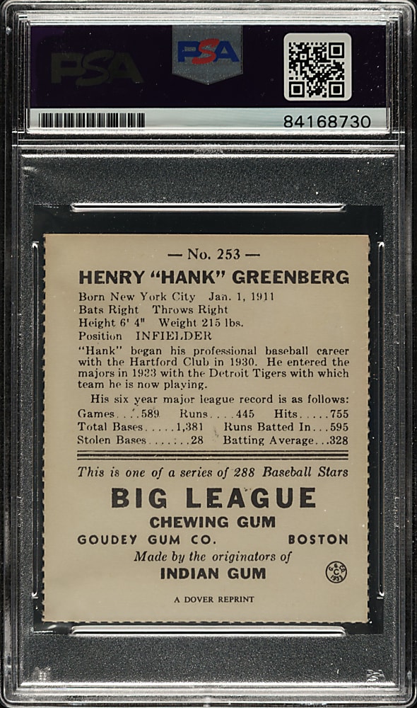 Signed 1938 R323 Goudey "Heads-Up" Reprint #253 Hank Greenberg - PSA/DNA