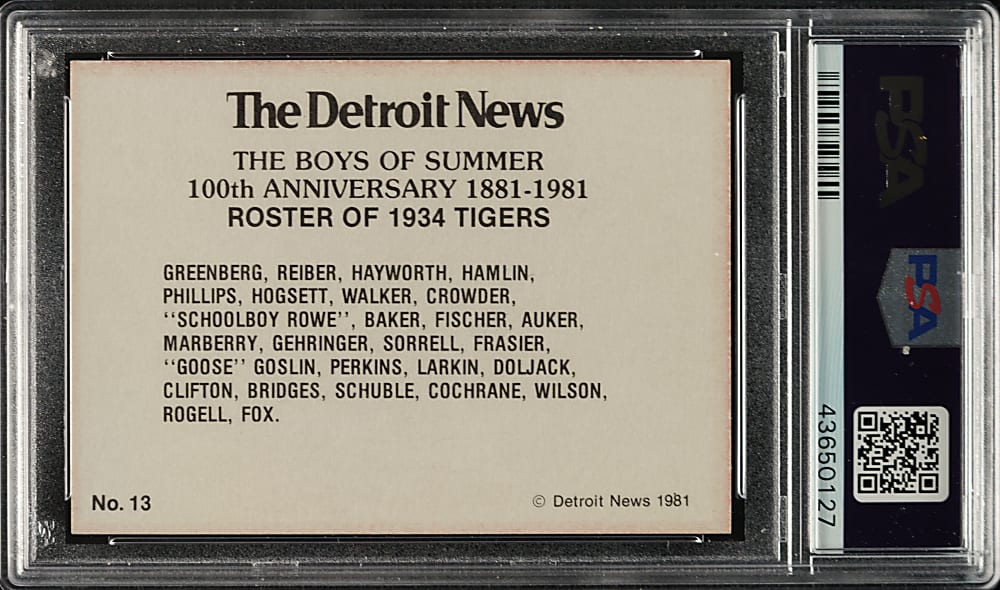 Signed 1981 Detroit News #13 1934 Tigers with Hank Greenberg, Charles Gehringer and Bill Rogell - PSA/DNA