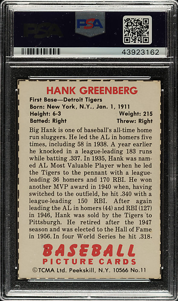 Signed 1982 TCMA #11 Hank Greenberg - PSA/DNA