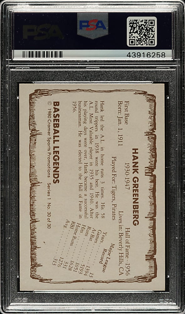 Signed 1980-1983 Pacific Legends #30 Hank Greenberg - PSA/DNA