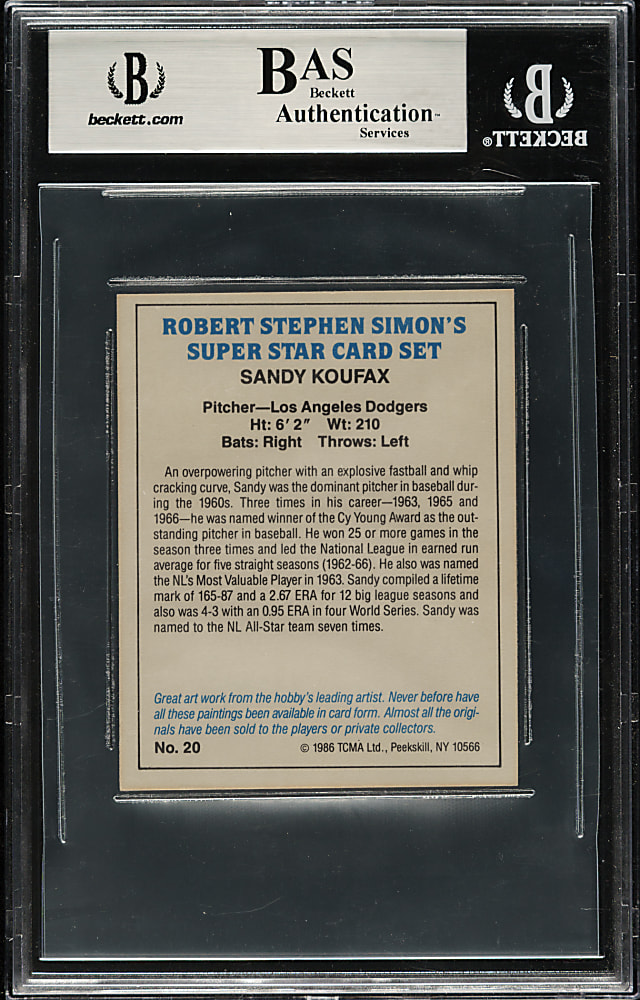 Signed 1986 TCMA Robert Stephen Simon's Super Star #20 Sandy Koufax - Beckett