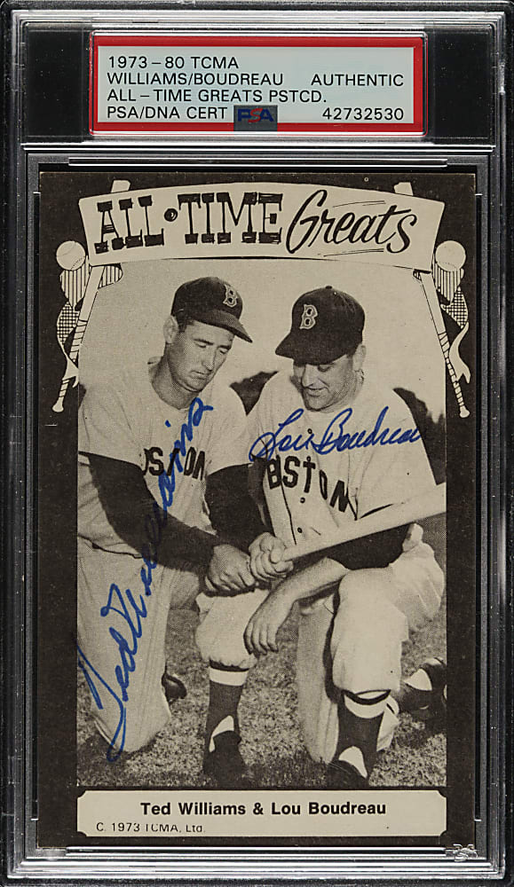 Signed 1973-1980 TCMA All-Time Greats Postcard with Ted Williams and Lou Boudreau - PSA/DNA